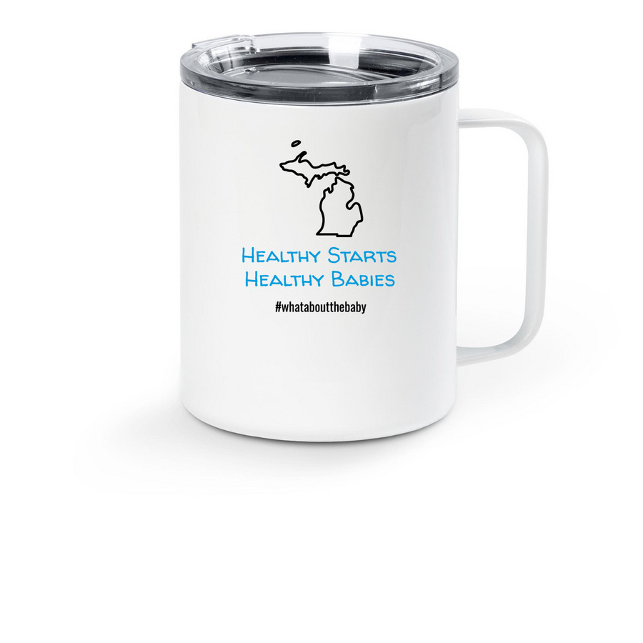 Healthy Starts. Healthy Babies, a White Stainless Steel Travel Mug