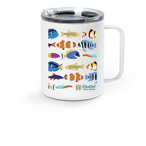 A Fully Stocked Library, a White Stainless Steel Travel Mug