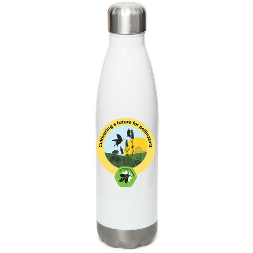Bee Friendly Farming Program Tagline Bottle, a White Stainless Steel Water Bottle