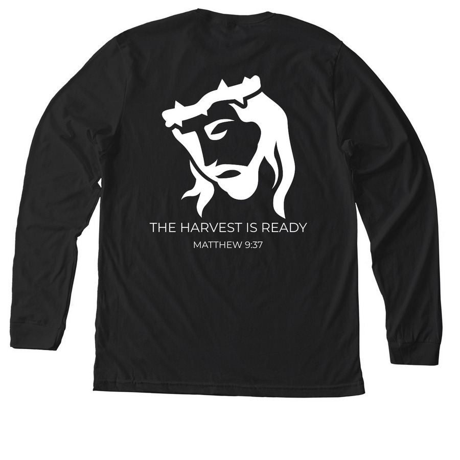 The Harvest is Ready, a Solid Black Blend Premium Long Sleeve Tee (back-view)