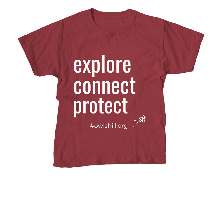 Explore, Connect, Protect Owl's Hill, a Cardinal Red Youth Unisex Tee