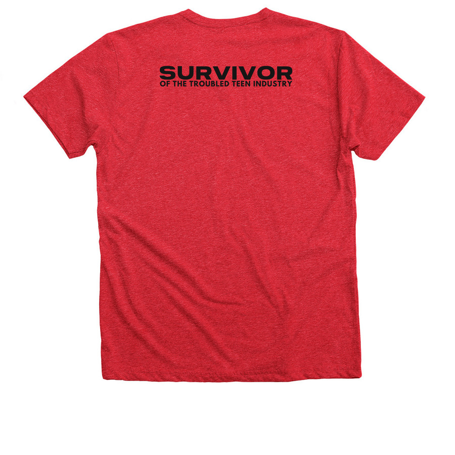 "Survivor of the TTI" (BLACK), a Heather Red Premium V-Neck Tee (back-view)