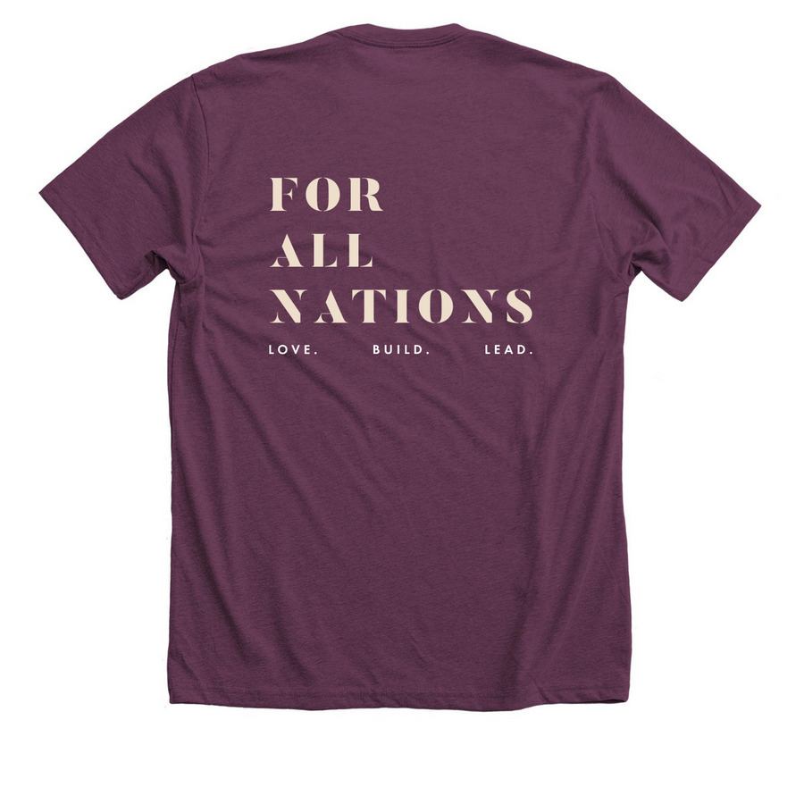 "FOR ALL NATIONS" Official Merch, a Heather Maroon Premium Unisex Tee (back-view)