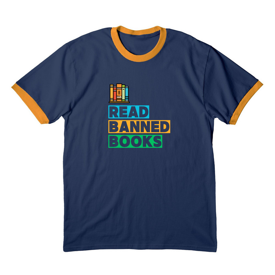 Read Banned Books, a Navy/ Gold Cotton Ringer Tee