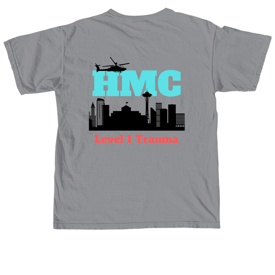 HMC ED TRAUMA, a Granite Comfort Colors Unisex Tee (back-view)