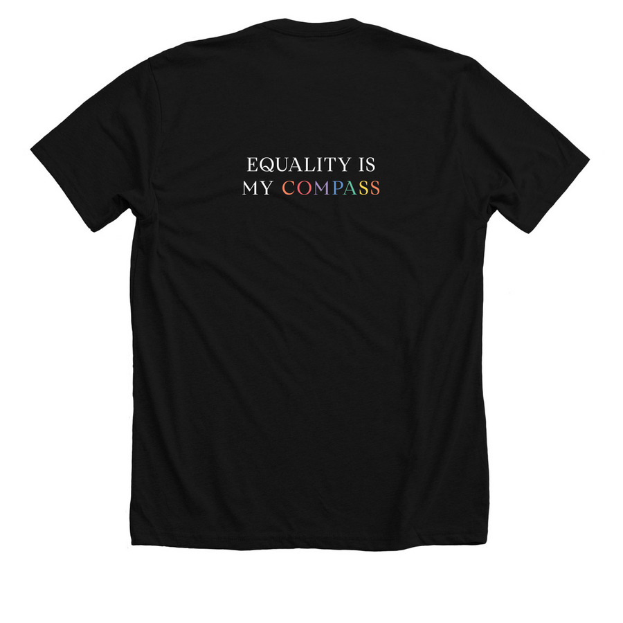 Love Lives Here-Equality Is My Compass- Black, a Solid Black Blend Premium Unisex Tee (back-view)