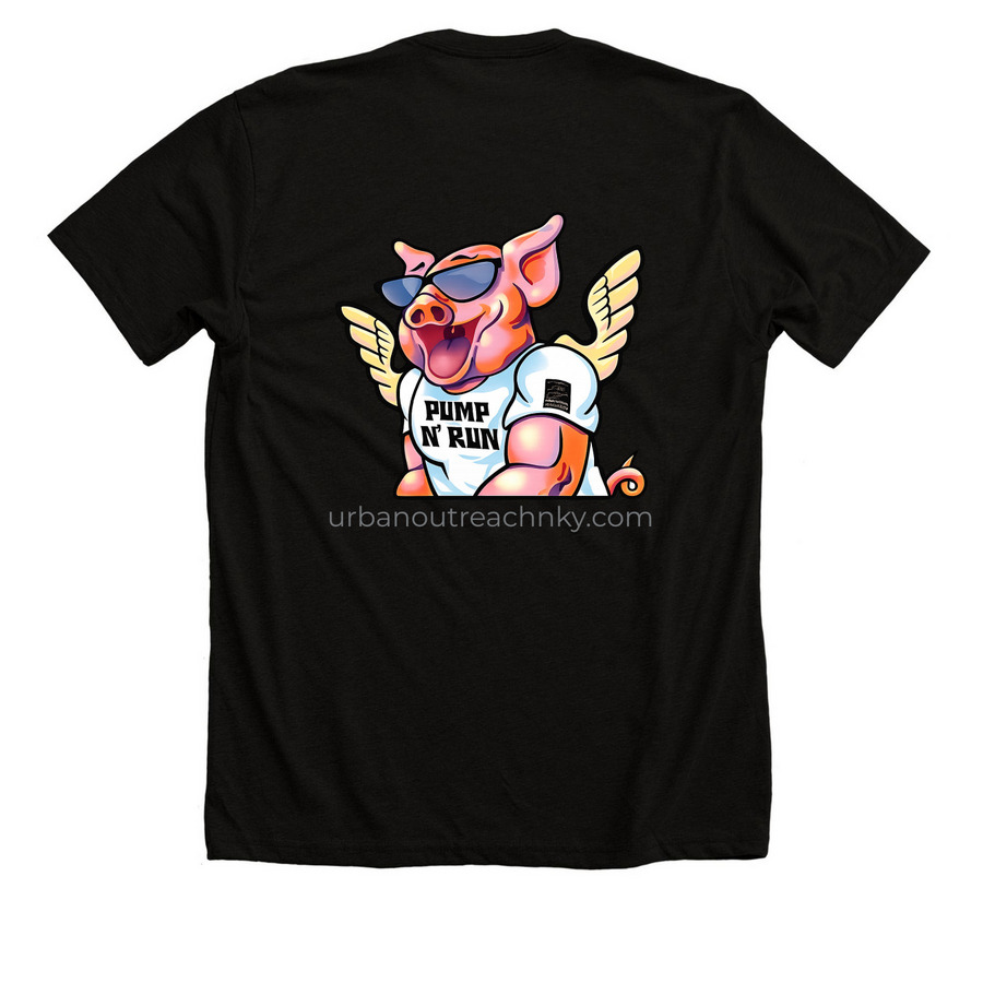 UO Grey Logo/ Pump N Run on back, a Solid Black Blend Premium Unisex Tee (back-view)