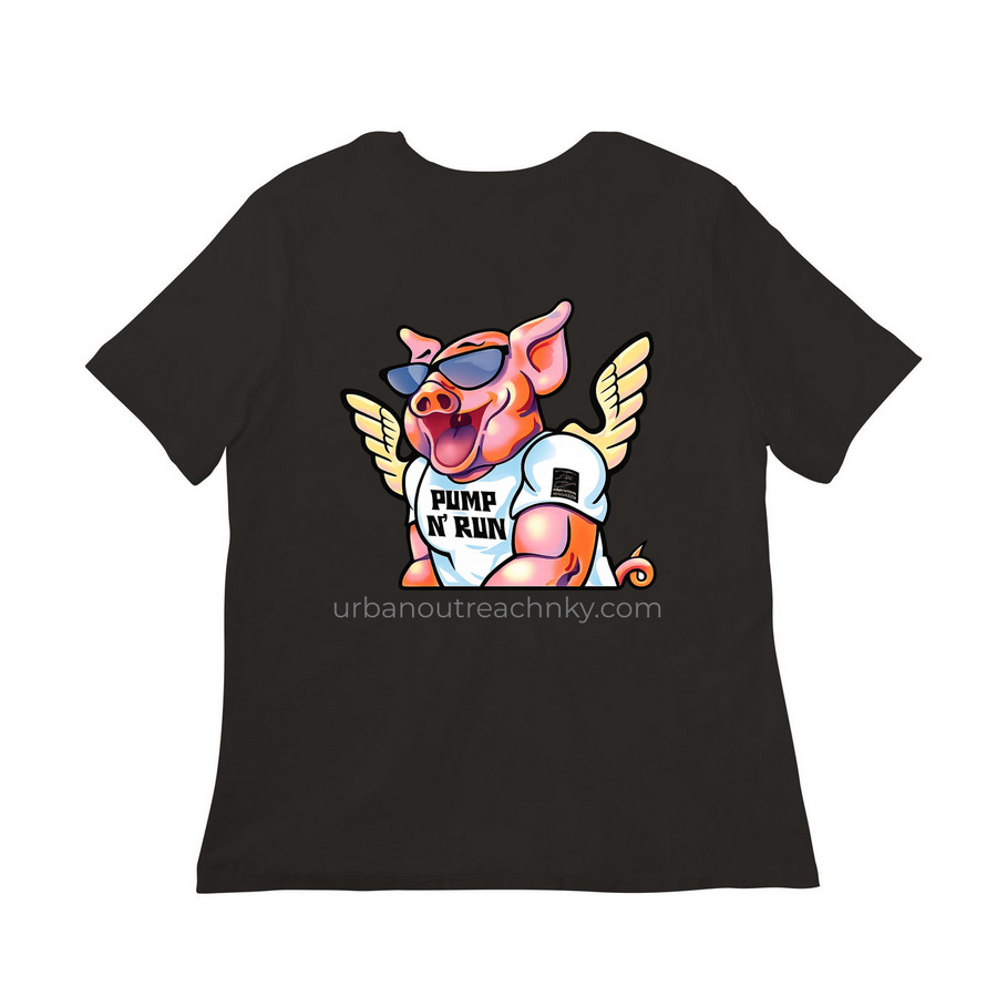 UO Grey Logo/ Pump N Run on back, a Black Women?s Relaxed Cotton Tee (back-view)