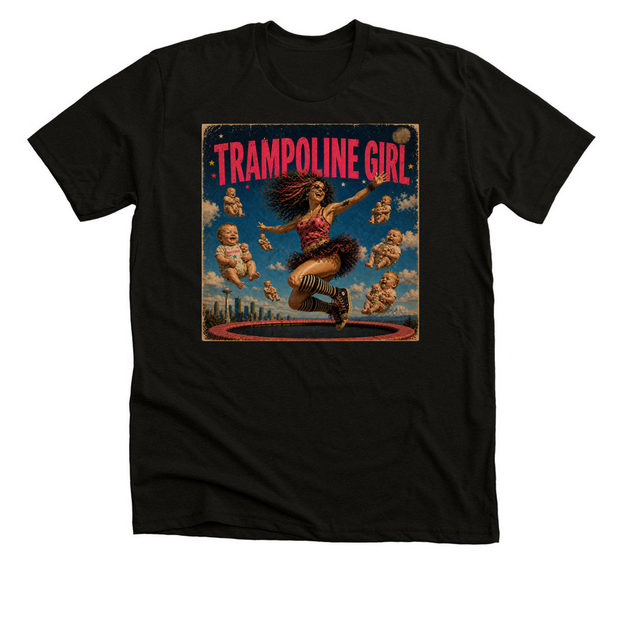 The Trampoline Girl T-Shirt, a Black Heather Premium Unisex Tee
