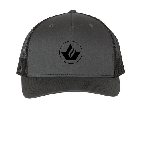 Dark Logo Trucker Hat, a Charcoal/ Black Printed Five-Panel Trucker Cap
