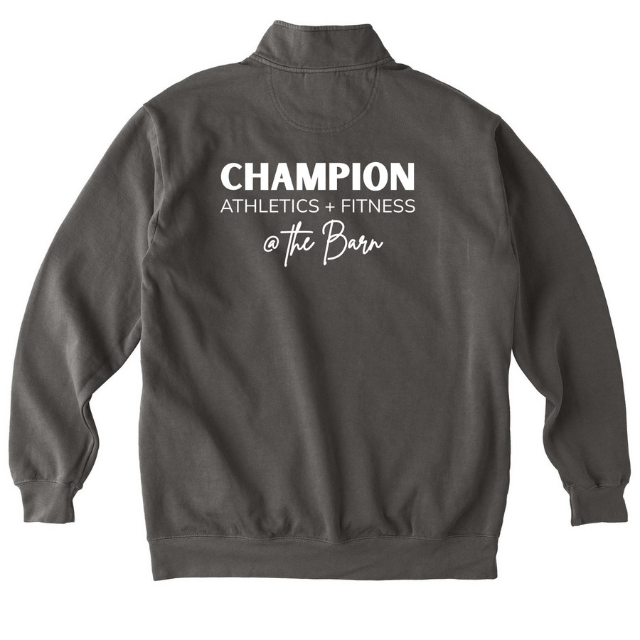 CA+F Zips & Crops w/ Barn Design, a Pepper Comfort Colors Quarter Zip Pullover (back-view)