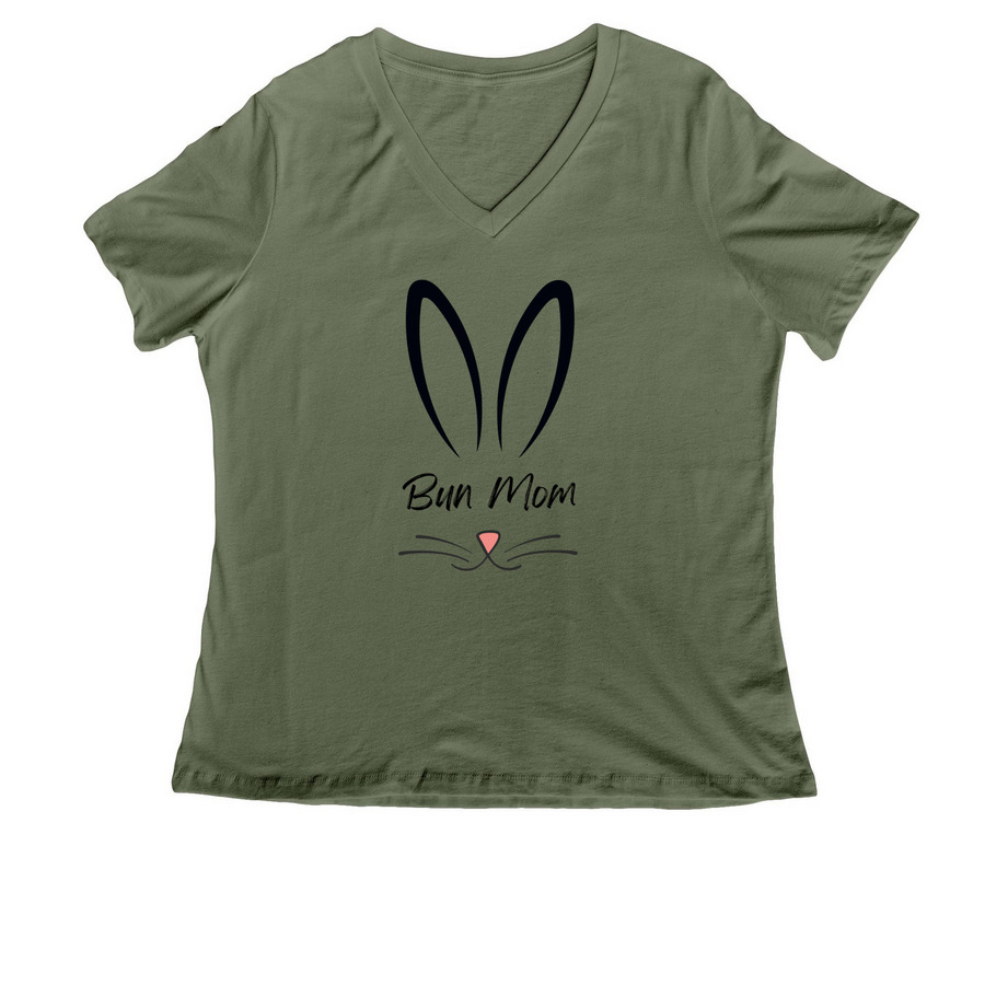 Bun Mom - Black, a Military Green Women's Relaxed V-Neck Tee