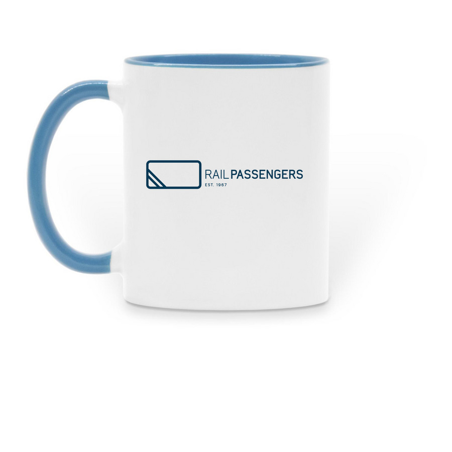Rail Passengers "Est 1967" Mug, a Light Blue Two-Tone Ceramic Mug (back-view)