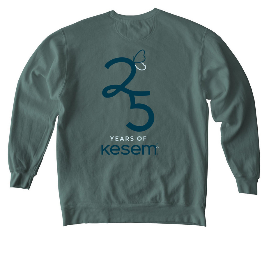 Kesem 25th Anniversary Official T-Shirt, a Blue Spruce Comfort Colors Crewneck Sweatshirt (back-view)