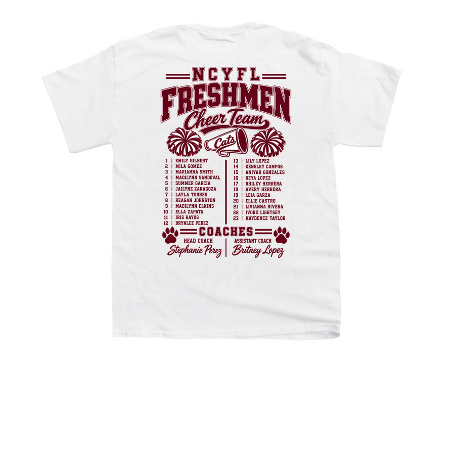 FRESHMEN CHEER ROSTER, a White Youth Unisex Tee (back-view)