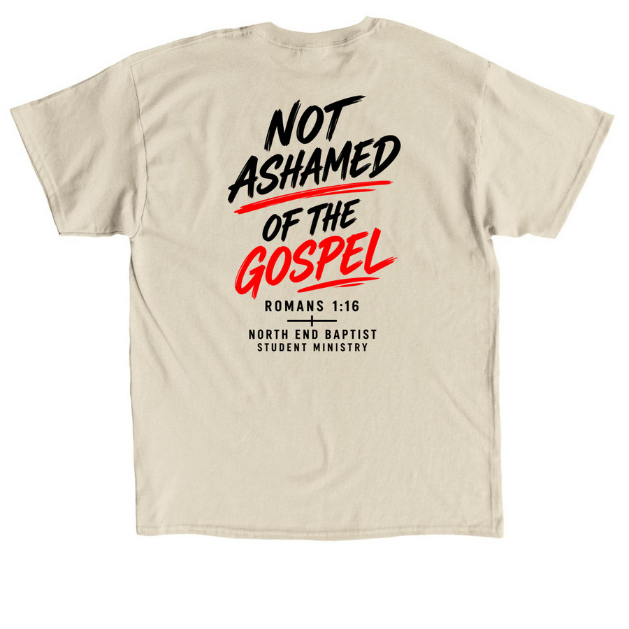 NEBC Youth - Unashamed, a Sand Classic Unisex Tee (back-view)