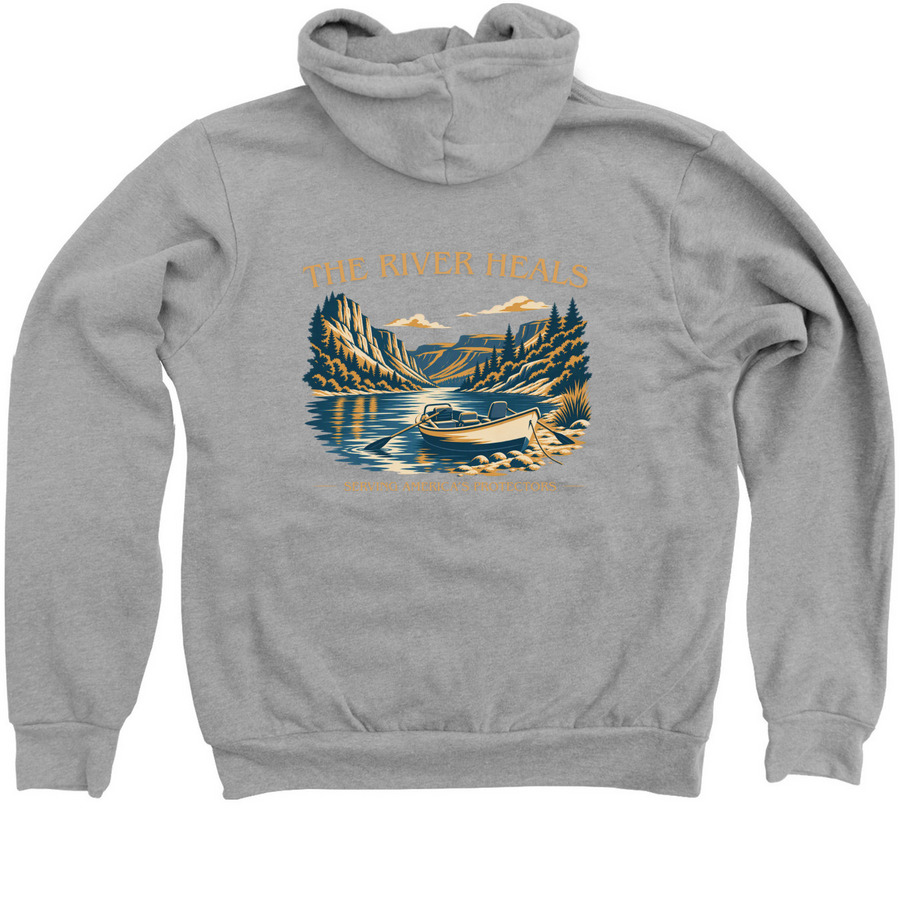 The River Heals, a Athletic Heather Zip Up Hoodie (back-view)
