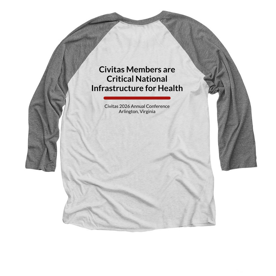 #Civitas2026 Baseball Tee&nbsp;, a Premium Heather and Heather White 3/4 Sleeve Baseball Tee (back-view)