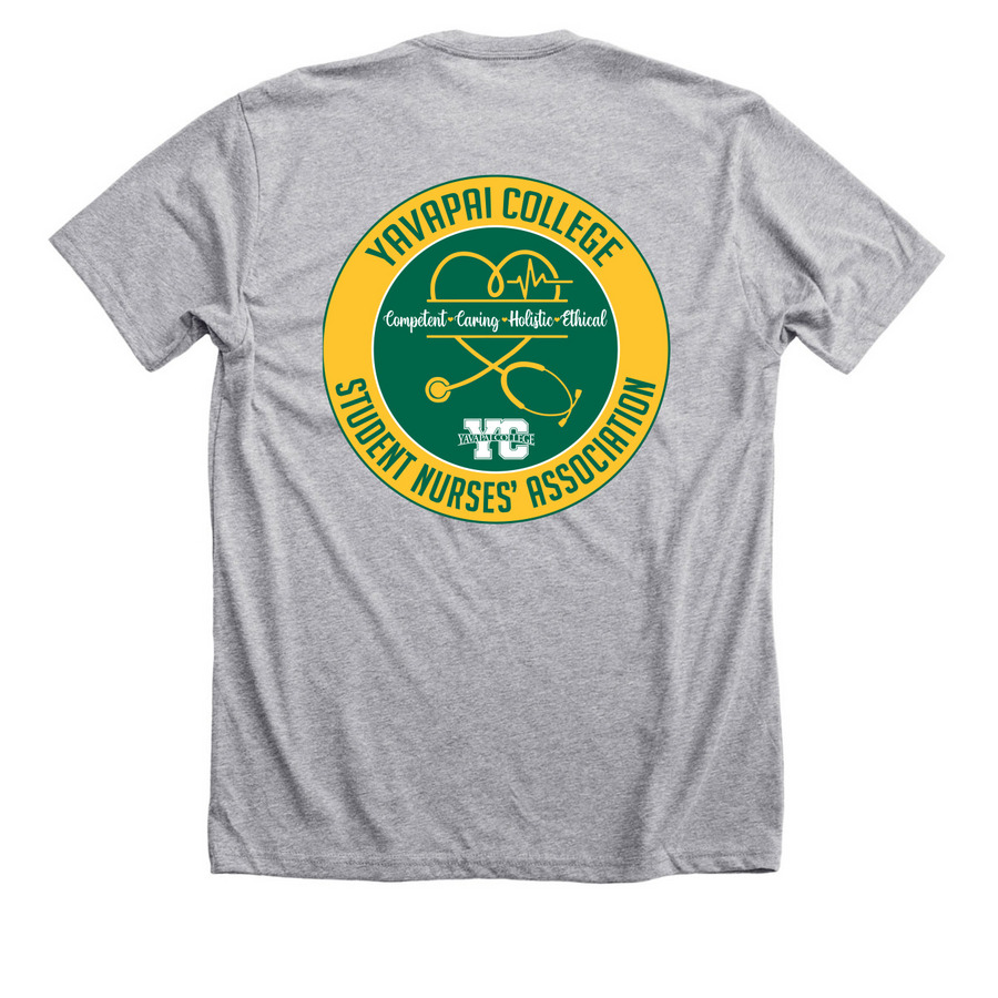 Yavapai College - SNA, a Athletic Heather Premium Unisex Tee (back-view)