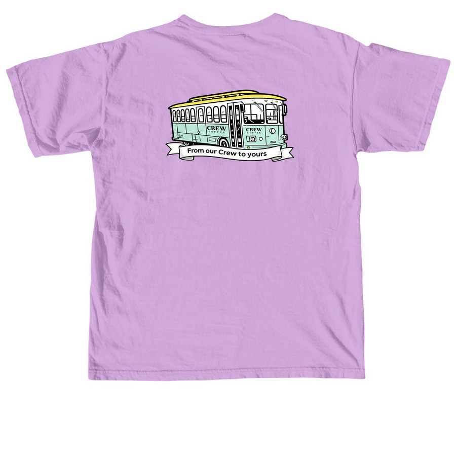 YELLOW Crew Logo & Trolley, a Neon Violet Comfort Colors Unisex Tee (back-view)