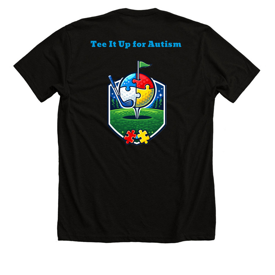 Tee It Up for Autism, a Solid Black Blend Premium Unisex Tee (back-view)