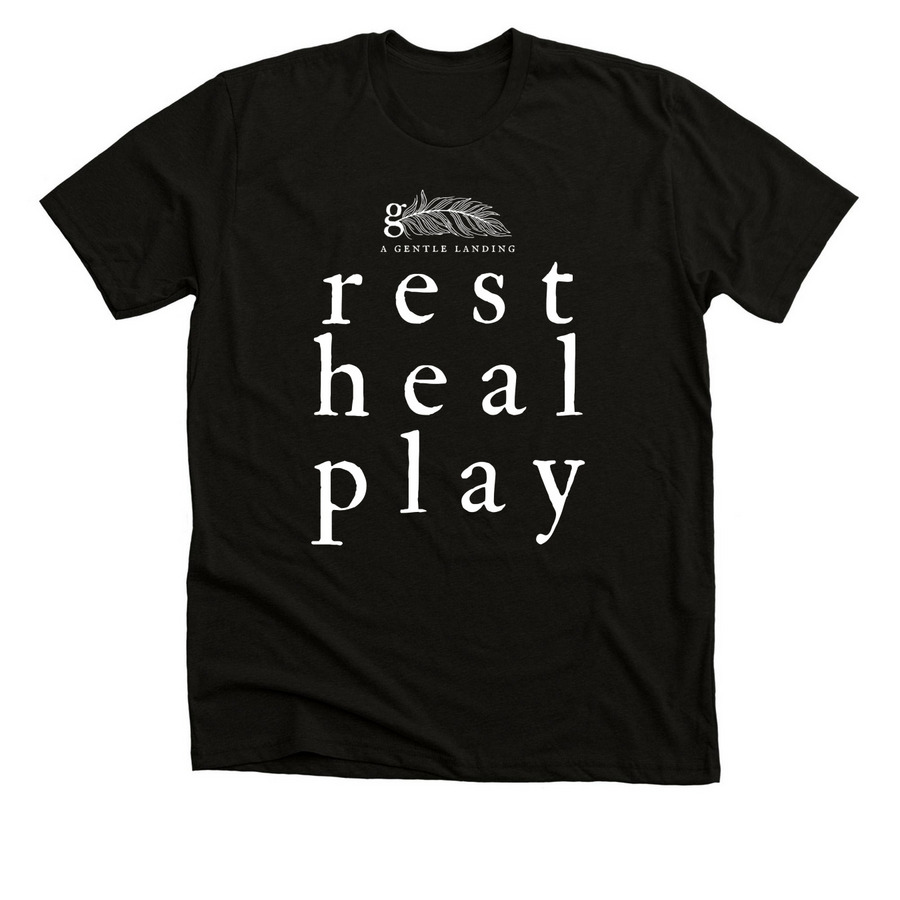 rest. heal. play. (white text options), a Solid Black Blend Premium Unisex Tee