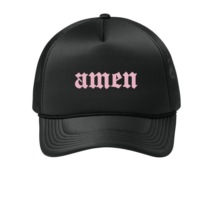 AMEN FOAM TRUCKER, a Deep Black Printed Foam Trucker Hat