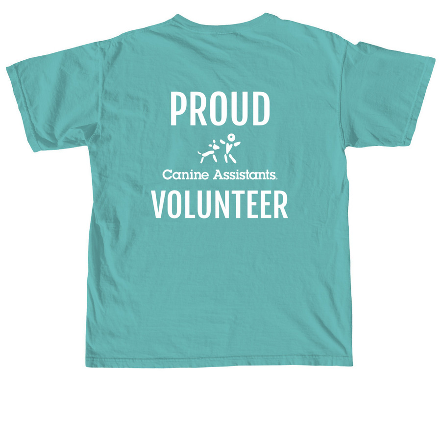 Proud Canine Assistants volunteer, a Seafoam Comfort Colors Unisex Tee (back-view)