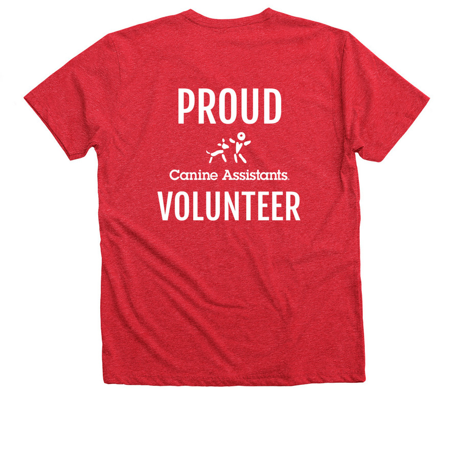 Proud Canine Assistants volunteer, a Heather Red Premium V-Neck Tee (back-view)