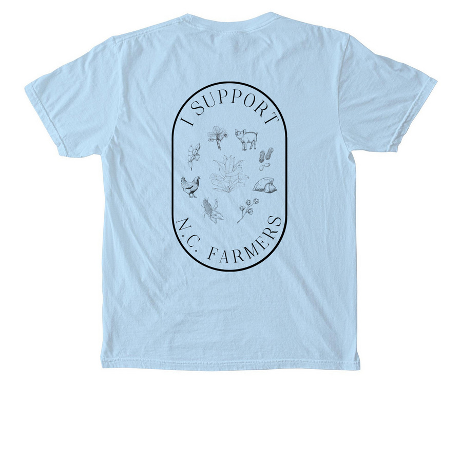 I Support N.C. Farmers, a Chambray Comfort Colors Pocket Tee (back-view)