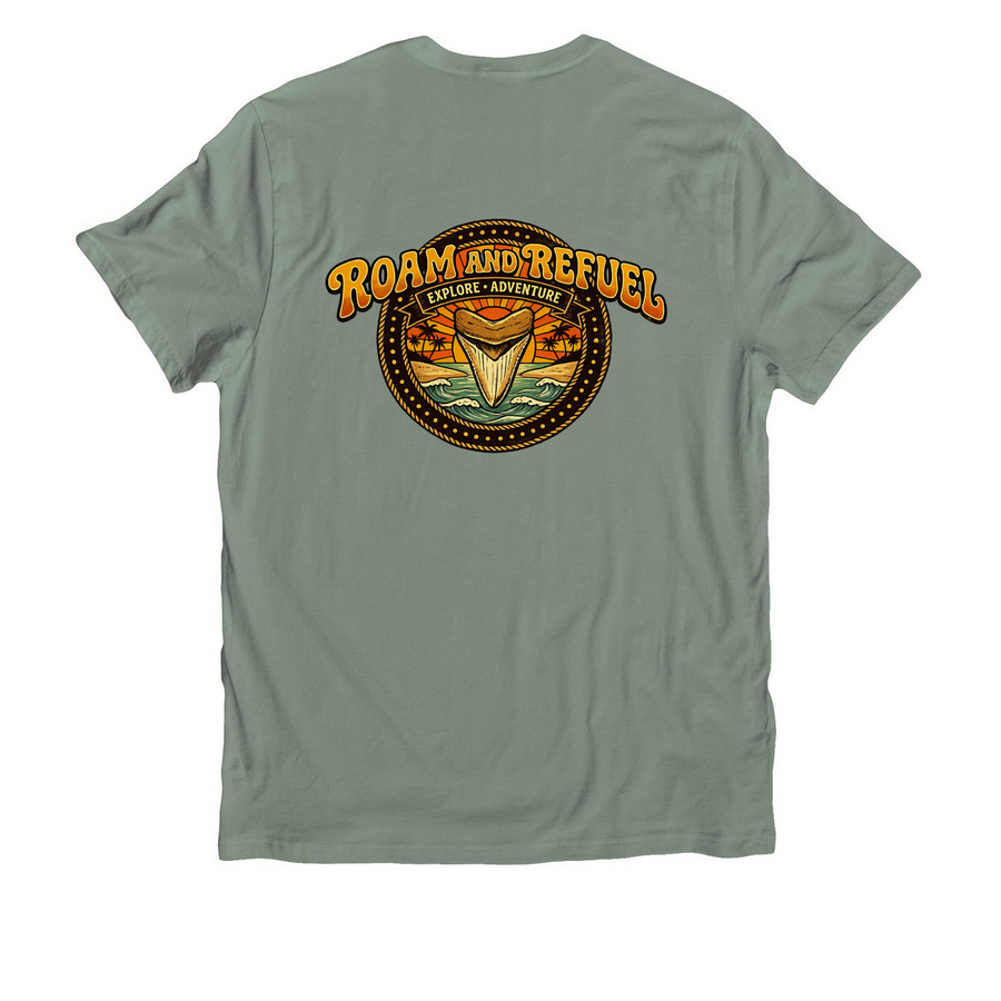 Roam & Refuel Shark Tooth Adventure Tee, a Matcha Green Allmade Organic Cotton Unisex Tee (back-view)