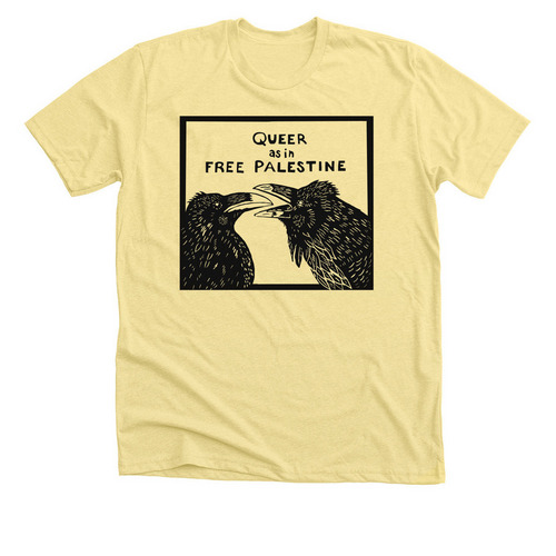 Queer as in Free Palestine, a Heather Yellow Gold Premium Unisex Tee