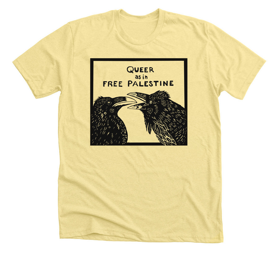 Queer as in Free Palestine, a Heather Yellow Gold Premium Unisex Tee