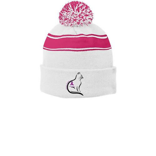 Evelyn's Army Beanie, a White/ Pink Raspberry Printed Stripe Pom-Pom Beanie