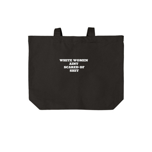 WHITE WOMEN AINT SCARED OF SHIT RESCUE BAG, a Deep Black Cotton Canvas Tote Bag