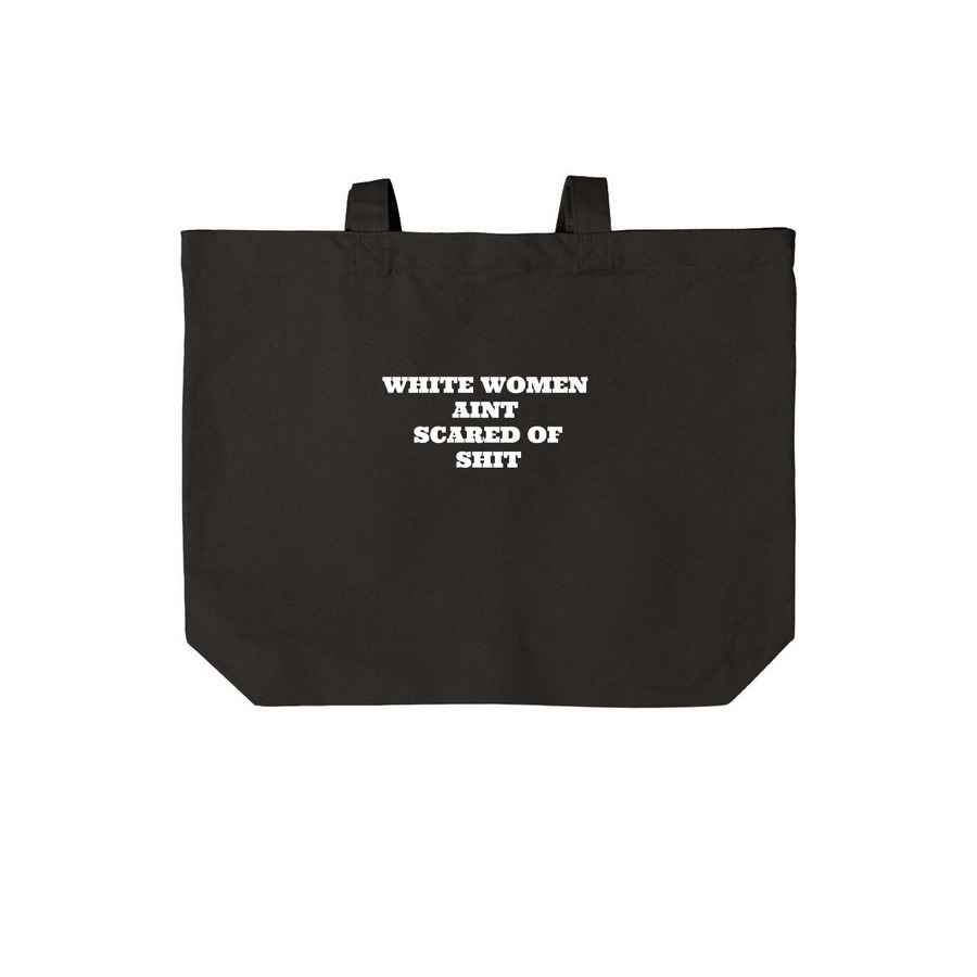 WHITE WOMEN AINT SCARED OF SHIT RESCUE BAG, a Deep Black Cotton Canvas Tote Bag