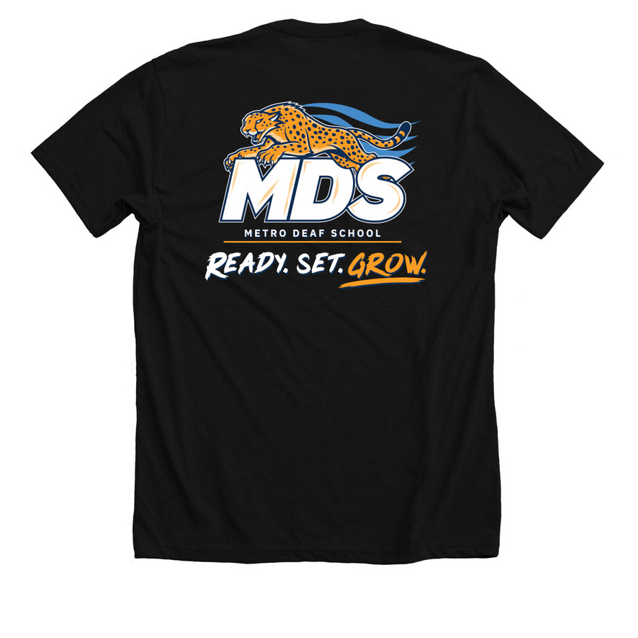 Metro Deaf School (front and back designs), a Solid Black Blend Premium Unisex Tee (back-view)