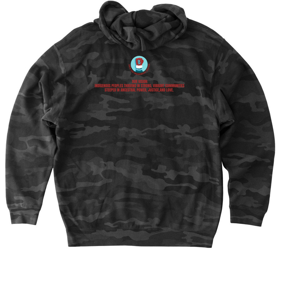 Red Dress Design by Dustin Newman, a Black Camo Heavyweight Camo Pullover Hoodie (back-view)