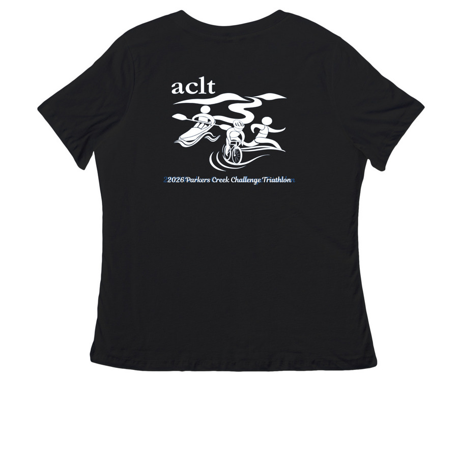 ACLT 2026 PCC-White Logo, a Black Women's Relaxed V-Neck Tee (back-view)