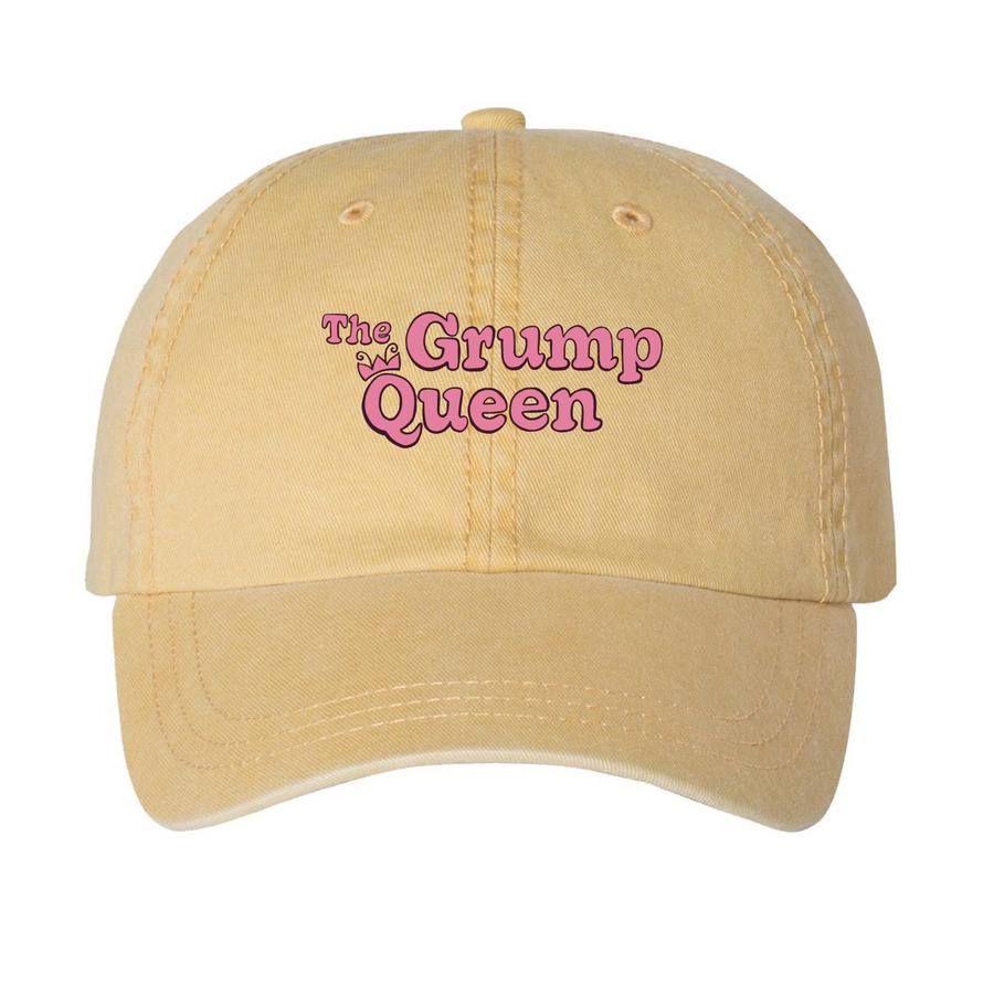 The Grump Queen Hat, a Mustard Printed Pigment Dye Baseball Cap