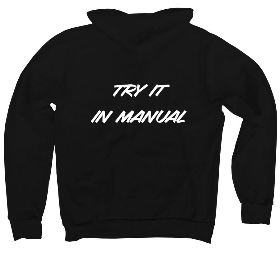 Try it in manual, a Black Premium Pullover Hoodie (back-view)