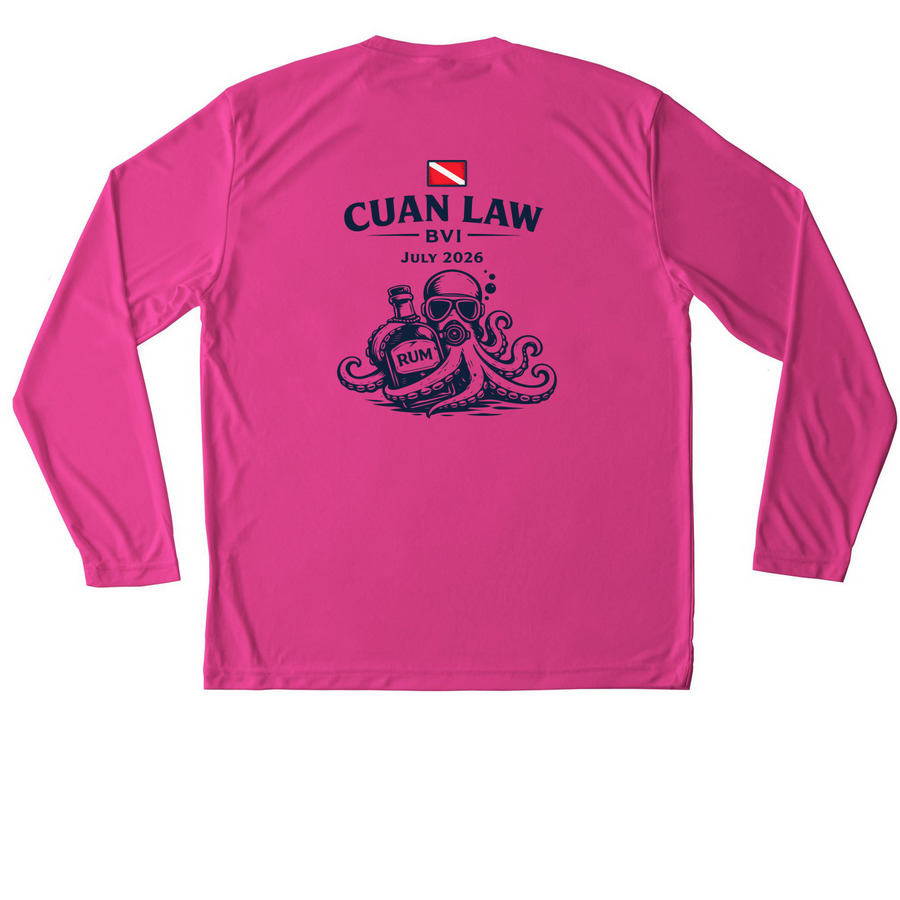 Cuan Law Trip Merch, a Neon Pink Unisex Performance Long Sleeve Tee (back-view)