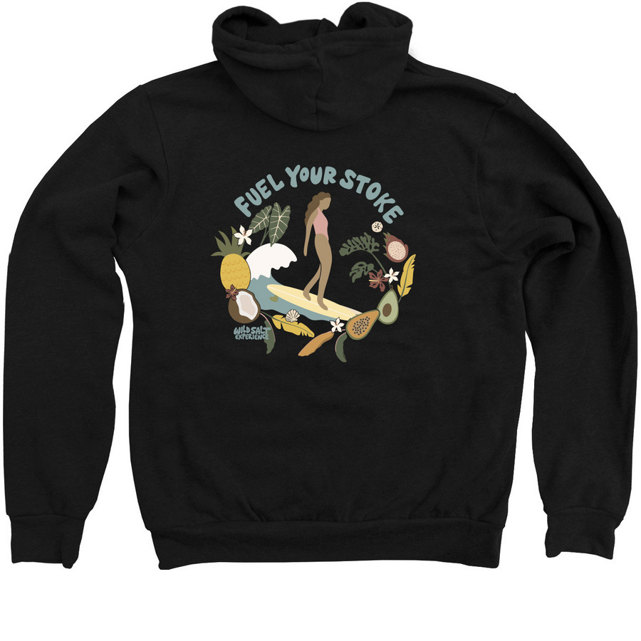 Fuel Your Stoke Zip Ups, a Black Zip Up Hoodie (back-view)