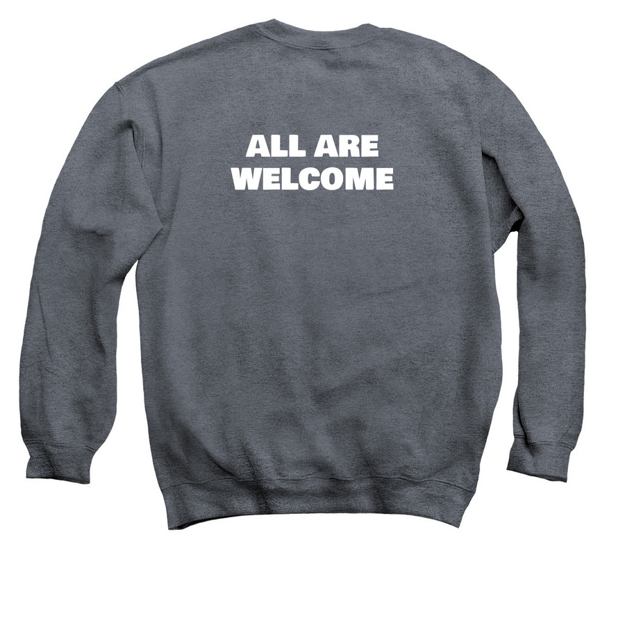 All Are Welcome - white logo, a Dark Heather Crewneck Sweatshirt (back-view)