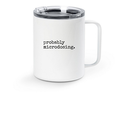 Probably Microdosing Logo Travel Mug, a White Stainless Steel Travel Mug