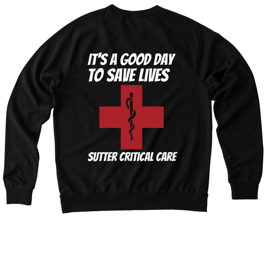 Sutter Critical Care (Smiley Face), a Deep Black Allmade Organic French Terry Crewneck Sweatshirt (back-view)