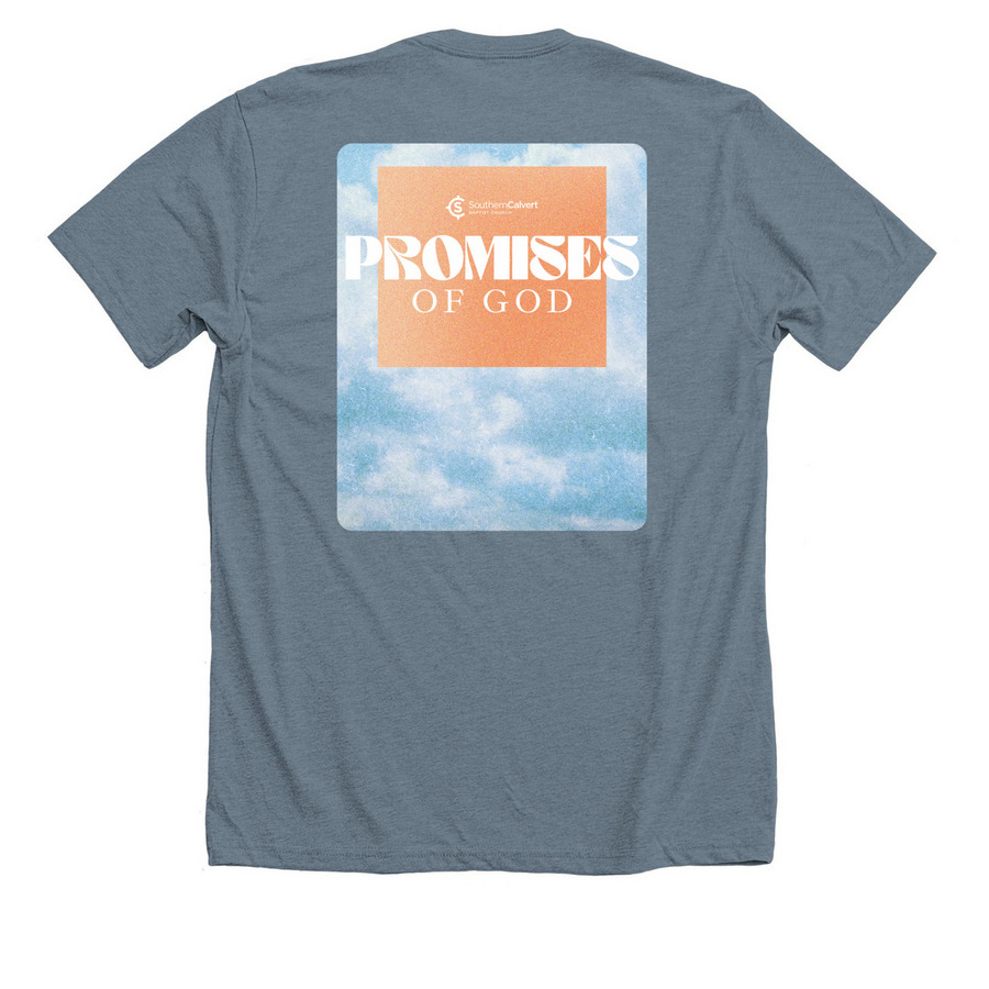 Promises of God, a Heather Blue Storm Premium Unisex Tee (back-view)
