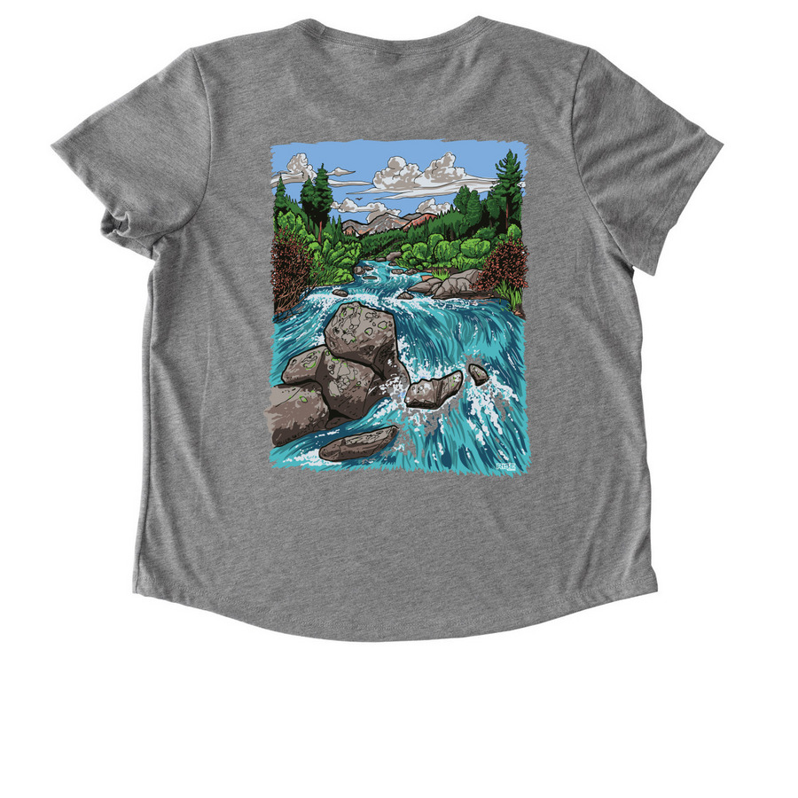 Alliance Apparel: River Running, a Aluminum Grey Allmade Eco Triblend Women?s Scoop Neck Tee (back-view)