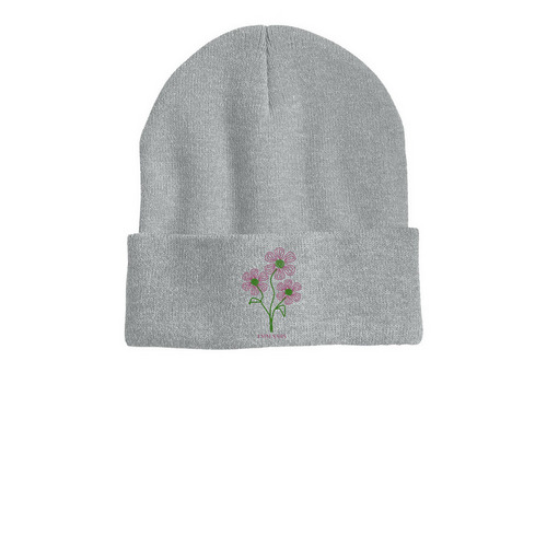Knit Beanie- Flower, a Heather Grey Printed Cuffed Beanie