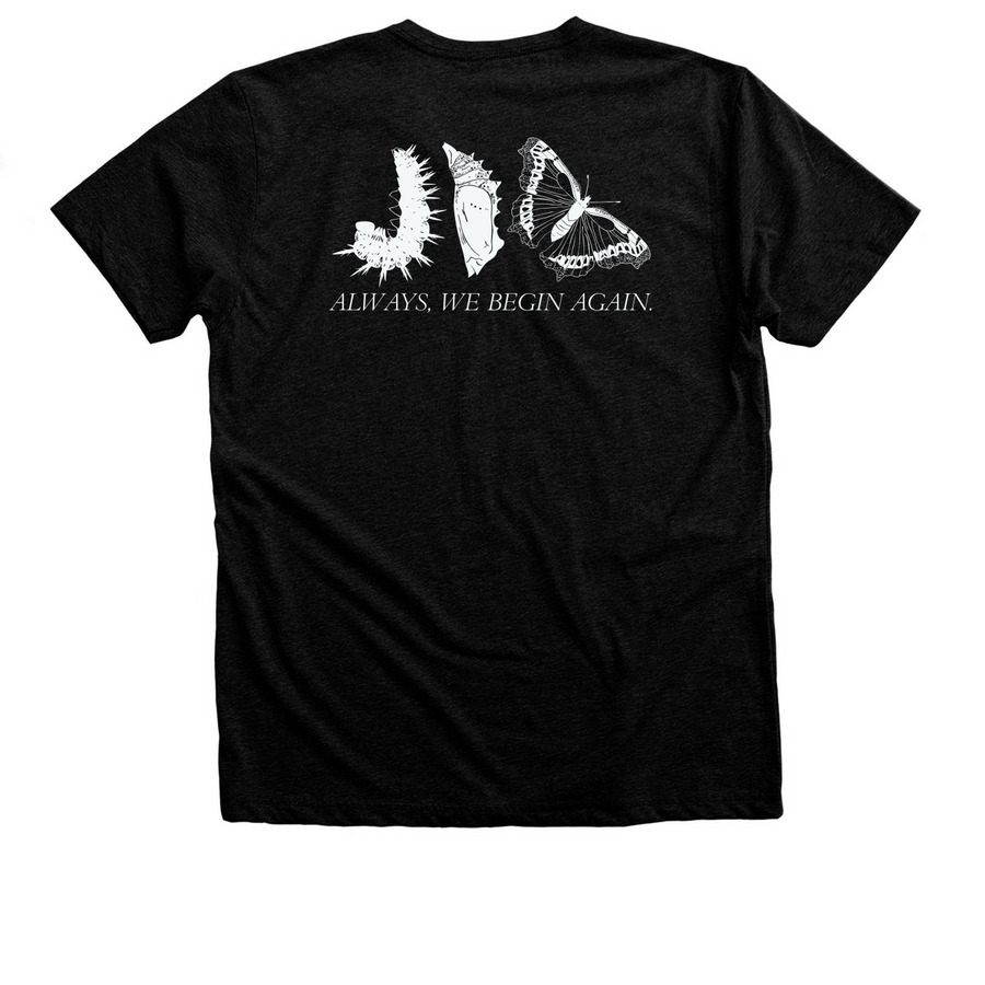 Begin Again T-Shirt, a Black Heather Premium Unisex Tee (back-view)
